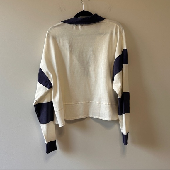 Boxy Navy and White Long Sleeve Polo Shirt Deep V Neck Trendy School Fall - Picture 3 of 12